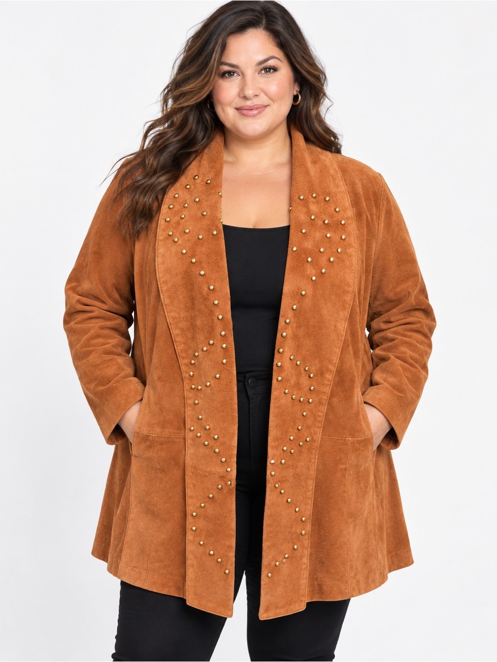 Plus Suede Stud-Trim Open Front Jacket - Rust